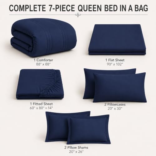 Queen Comforter Set with Sheets Navy Blue, 7 Pieces Bed in a Bag