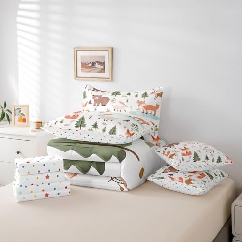 Feelyou Cartoon Animals Comforter Set 7 Pieces Twin Size Cute Zoo Bear Fox Rabbit Bedding Set for Boys Girls Nature Bed in a Bag with Comforter, Sheets, Pillowcases & Cushion Covers