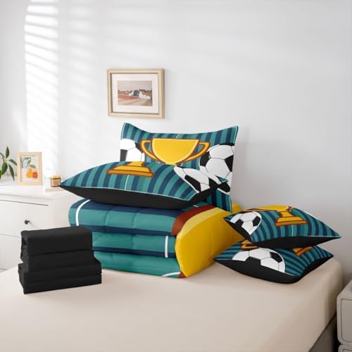 Erosebridal Boys Kids Navy Blue Football Gaming 7 Piece Bedding Set Twin | Playground Soccer Geometric Comforter Set with Sheets Striped Bed in A Bag Ball Games Bed Sets