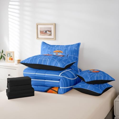 Erosebridal Sports Basketbal Theme Navy Blue Gaming Pattern 7 Piece Bedding Set Twin | Boys Kids Ball Games Boys Comforter Set with Sheets Playground Bed in A Bag Geometric Bed Sets