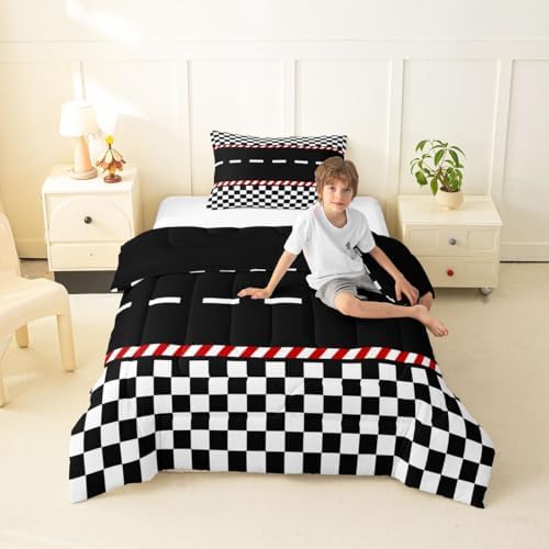 Feelyou Boys Race Car Comforter Set All Season Black White Plaid Bedding Set with 1 Pillow Cases Buffalo Check Microfiber Kids Toddler Bedclothes Bedroom Decor Duvet Quilt Breathable Soft Lightweight