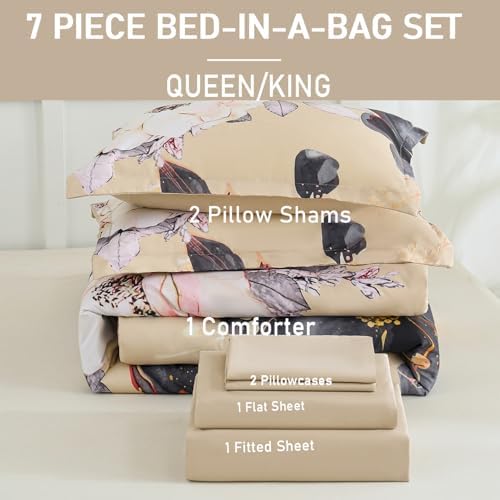 Yogeneg King Size Comforter Set 7 Piece Bed in a Bag,White Black Floral Botanical Pattern Khaki Bedding Set,Soft Microfiber Comforter with Sheet Set,All Season Bed Set(Khaki,King)