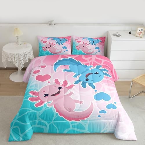 Axolotls Comforter Set Twin Size,Blue Pink Kids Bedding Set 2Pcs with 1 Pillowcase,Ocean Animals Theme Down Comforter Cartoon Lovely Salamander Quilted Duvet Insert for Girls Boys Bedroom Decor