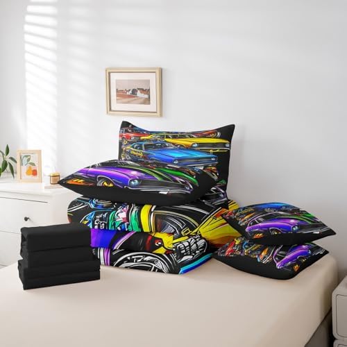 Feelyou Race Car Comforter Set with Sheets King Size Kids Speed Sports Car 7 Pieces Bedding Set for Boys Girls Teens Racing Car Bed in a Bag Breathable Hippie Graffiti Extreme Sports Bed Set
