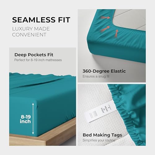THREAD SPREAD 100% Egyptian Cotton King Size Sheets Set - Luxury 1200 Series Plush Collection Egyptian Cotton Sheets King Size (4 PC, Teal), Silky Soft, Cooling, 17" Deep Pocket Bed Set
