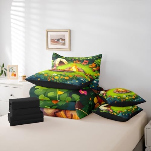 Erosebridal Campfire Twin Comforter Set with Sheets 7 Piece Woodland Campsite Bed in A Bag Happy Camping Camper Bedding Sets for Kids Adults,Rv Bunk Accessories Bed Set