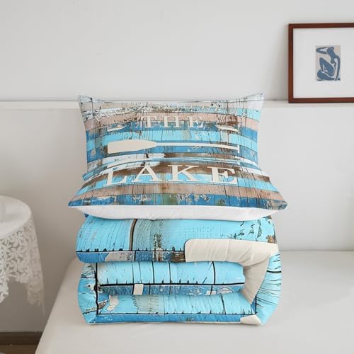 Manfei Lake Camper Comforter Set Full Size, Rustic Farmhouse Style Quilt Set with 2 Pillowcases, Blue Wooden Stripe Print Bedding Set 3pcs for Kids Boys Teens Bedroom Decor, Plank Duvet Set