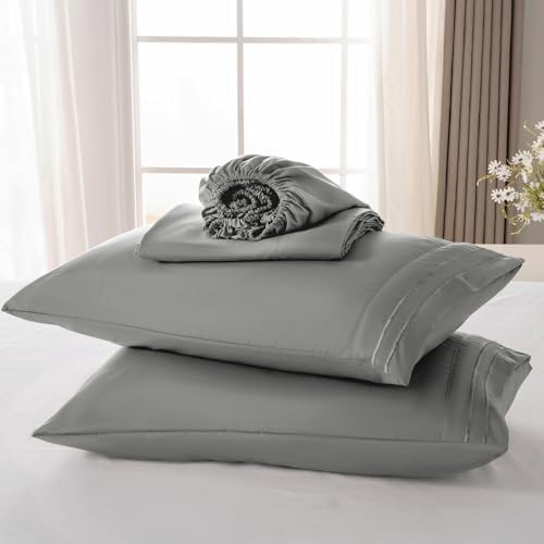 ROSE&RISY Light Grey Queen Sheet Set, 4 Pieces Soft Bedding Queen Sheet Set, Breathable and Cooling,Includes 1 Fitted, 1 Flat, 2 Pillow Cases - Deep Pocket (Light Grey, Queen)