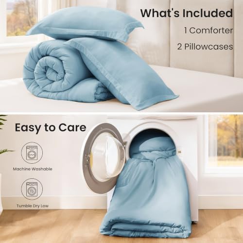 Love's cabin Light Blue King Size Comforter Set, 3-Piece Prewashed Bed Set