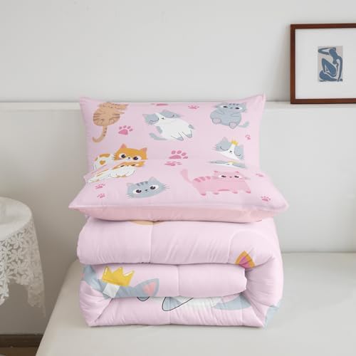 Erosebridal Kids Comforter Set Twin Size Cute Colorful Cats Bedding Set for Girls Kawaii Room Decor, Pink Pet Animal Paw Down Comforter Grey Orange Cat Bed Set Soft Quilt Duvet Set 1 Pillow Case