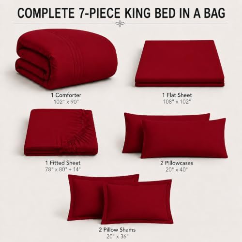 King Size Comforter Set Red - 7 Pieces Bed in a Bag Bedding Set