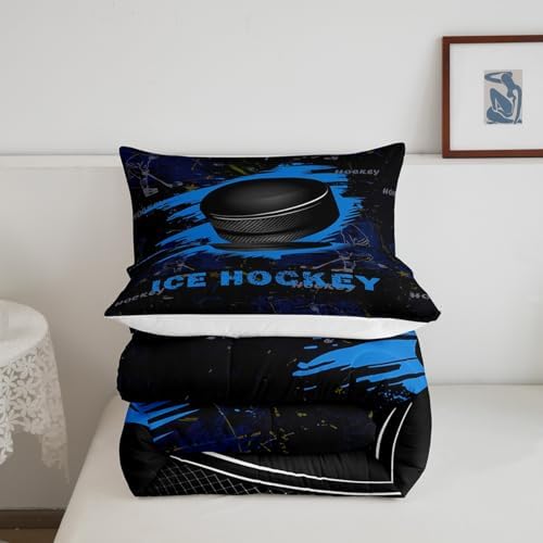 Manfei Ice Hockey Kids Comforter Set King Size, Sports Gaming Theme Blue Quilt Set with 2 Pillowcases, Hockey Player Bedding Set 3pcs for Boys Girls Bedroom Decor Lightweight Duvet Insert