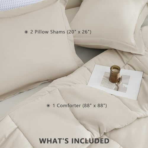 CozyLux Queen Size Comforter Set, 3-Piece Box-Stitched, Beige