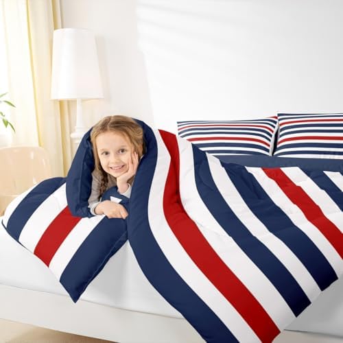 Homewish Geometric Stripes Comforter Set King Size,Abstract Art Bedding Sets 3Pcs for Kids Girls Boys Women Room Decor,Navy Blue and Red Quilted Duvet Modern Simple Down Comforter,2 Pillowcases
