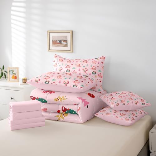Erosebridal Pink Christmas Theme King Comforter Set 7 Piece for Kids Boys Girls Xmas Axolotl Bed in A Bag with Sheets Salamander Snowflake Bedding Set Cartoon Animal Bed Set Holiday Room Decor