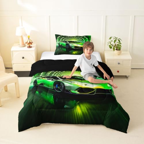 Feelyou Boys Race Car Kids Comforter Set Toddler Size Speed Sports Bedding Set Racing Extreme Sports Duvet Quilt for Kids Boys Girls Bedroom Green Racing Car Decor Microfiber Ultra Soft Breathable