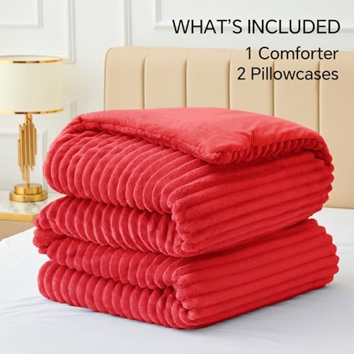 BEDELITE Fleece Queen Comforter Set, Fluffy Bed Set, Red