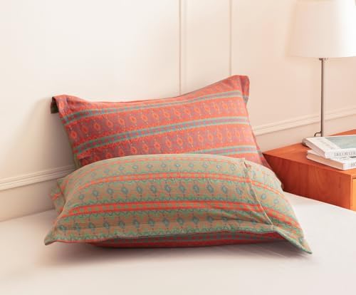 SLEEPBELLA Washed Double Layer Muslin 100% Cotton Comforter Set King Size, Boho Fluffy Thick Checked Bedding Set, Soft Breathable (1 Comforter, 2 Pillow Shams)