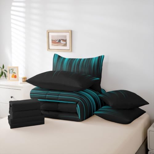 Feelyou Neon Teal Black Comforter Set with Sheets 7 Piece Queen Size Geometric Bedding Set for Kids Boys Girls Ombre Bed in a Bag Room Decor Soft Lightweight Microfiber