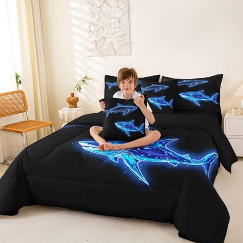 Feelyou Blue Neon Shark Comforter Set with Sheets 7 Piece Full Ocean Design Bed in a Bag Kids Boys Girls Line Art Shark Bedding Set Deep Sea Creature Print Bedroom Decor Marine Soft Lightweight