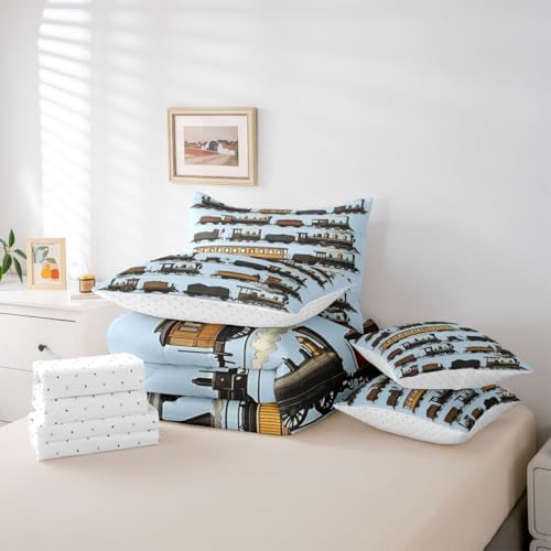 Erosebridal 7 Pcs Vintage Steam Train Comforter Set for Boys Kids Travel Locomotive Train Twin Bedding Set with Sheets for Teens Men Transport Vehicle Bed in A Bag Steampunk Railway Bed Sets Blue