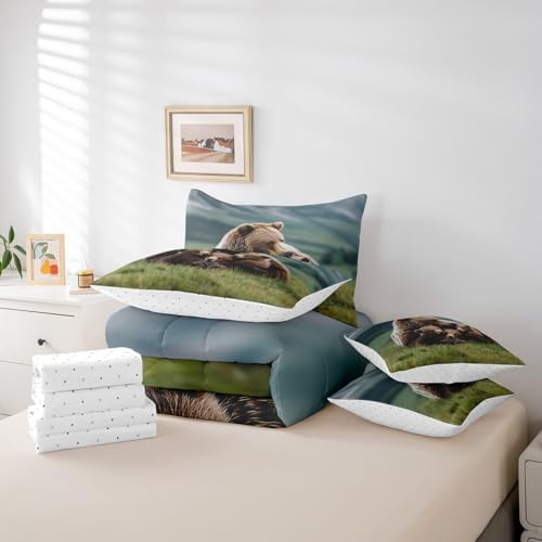 Erosebridal 7 Piece Bear Family Comforter Set Twin Rustic Wild Animals Bedding Set Country Woodland Bear Bed in a Bag for Boys Girls Farmhouse Cabin Sheet Set with Comforter Natural Wildlife Decor