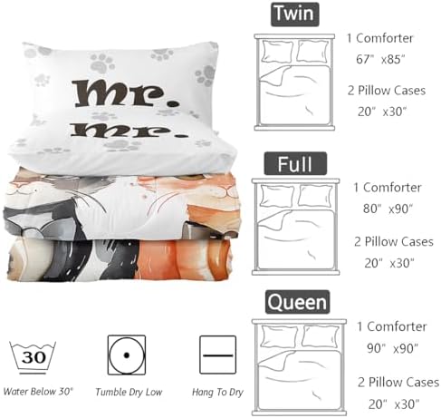 Nttopship Lovers Cat Comforter Bedding Set with 2 Pillowcase Twin Size Cartoon Cat Comforter Set for Kids Boys Girls Bedroom Decor