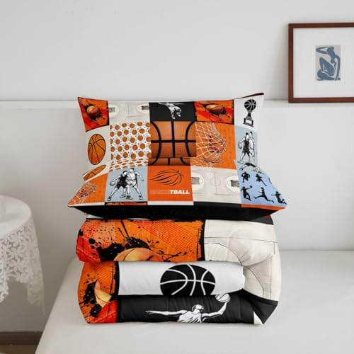 Erosebridal Basketball Comforter Set for Kids Boys Girls Sports Patchwork Bedding 3D Printed Basketball Duvet Set Ball Games Comforter King with 2 Pillowcases