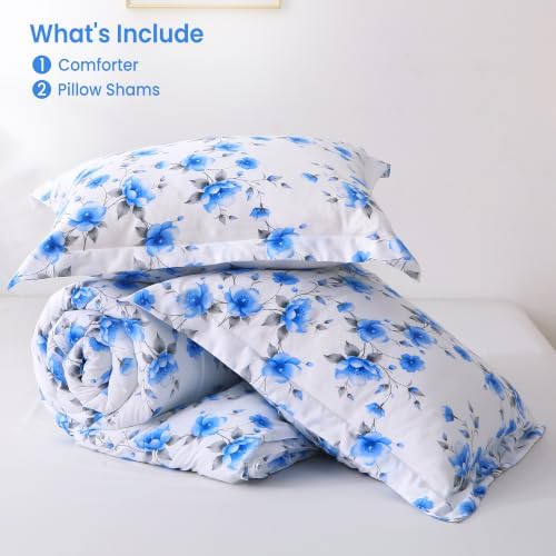 Mooreeke Floral Full Size Comforter Sets, Gradient Blue Flower Patterned Bed in a Bag for All Seasons, 3-Piece Farmhouse Rustic Bedding Set with Fluffy Quilted Reversible Comforter & 2 Pillow Shams