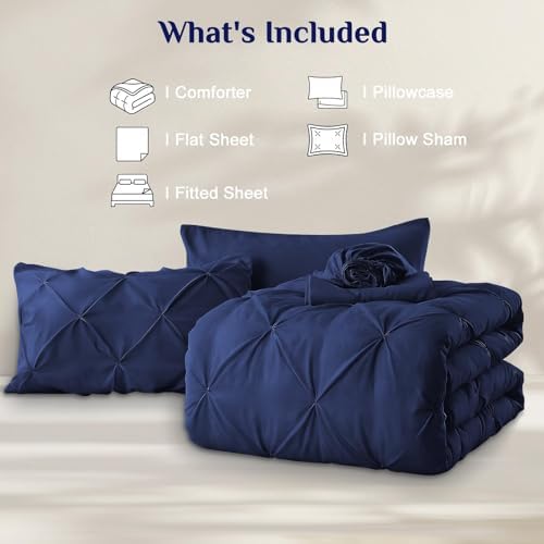 JOLLYVOGUE Twin Comforter Set 5 Pieces - Bed in a Bag Twin for All Season, Pintuck Bedding Comforter Sets with Comforter, Flat Sheet, Fitted Sheet and Pillowcases & Shams, Navy