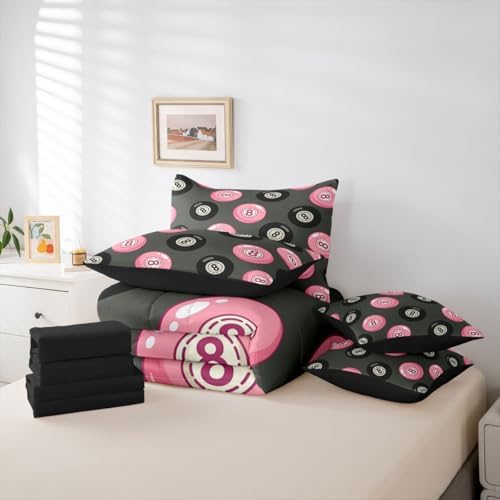Erosebridal Girly Fashion Y2K Twin Comforter Set 7 Piece Pink Black Lucky 8 Ball Bedding Set for Kids Boys Girls,Trendy Aesthetic Preppy Bed in A Bag Funky Y2K Style Bed Set Coquette Room Decor