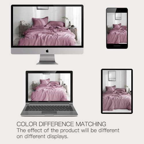 Simple&Opulence 100% French Linen Duvet Cover Set with Embroidered,3 Pcs Washed Soft Farmhouse Bedding Set with Button Closure,1 Comforter Cover and 2 Pillowshams(Queen,Purple)