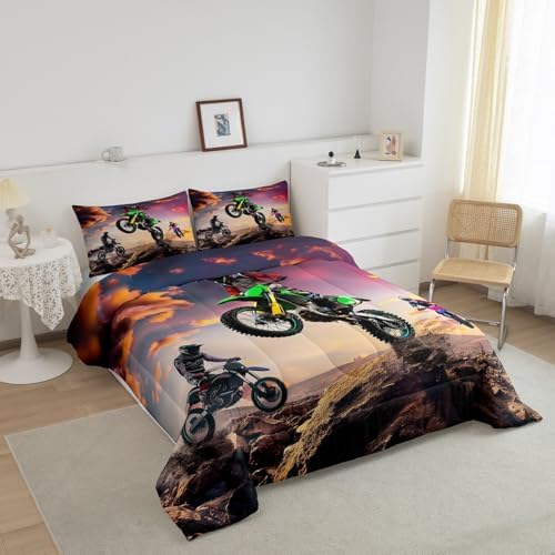 Dirt Bike Comforter Set for Boys Bedroom Motocross Rider Extreme Sports Duvet Insert Mountain Bike Bedding Quilted Set Kids Motorcycle Motorbike Down Comforter,Soft Lightweight for All Season,Full