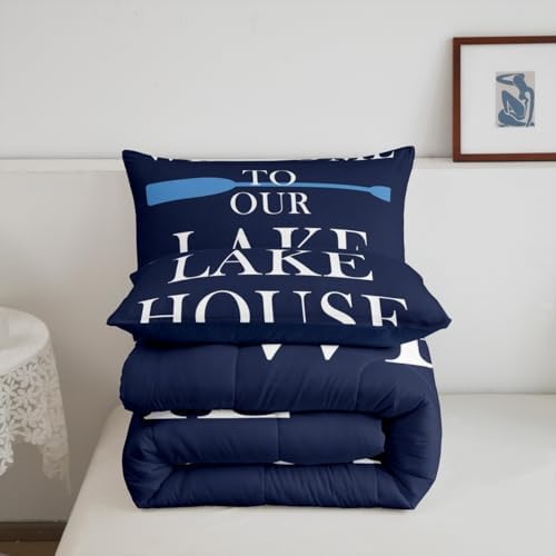 Lake House Comforter Set Full Size, Blue Paddle Lake Camper Bedding Set 3pcs, Rustic Farmhouse Lake Life Navy Blue Down Comforter for All Season, Kids Boy Girl Room Decor, 2 Pillowcases, No Sheets