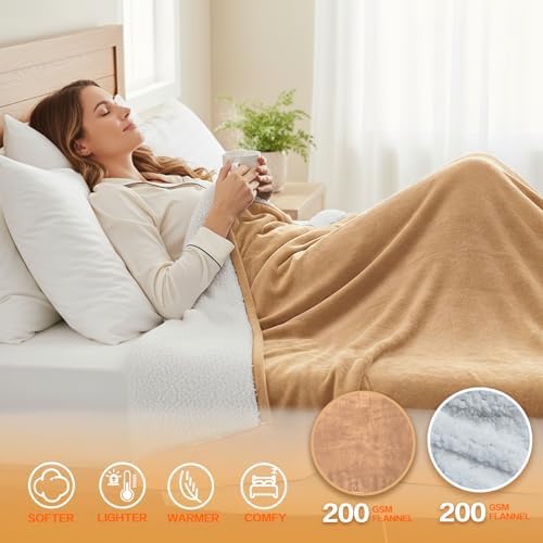 Electric Heated Blanket Throw Size 50''x60''-Control Heating Blanket, Soft & Warm Flannel 10-Level Temperature Control, 8 Hours Auto Off, Rapid Heating & Overheat Protection