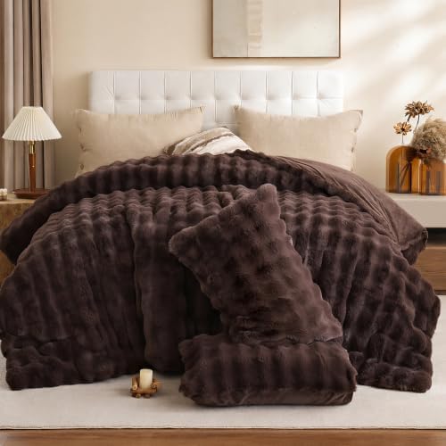 YIKUSH Full Faux Fur Soft Comforter Set, Fluffy Brown Rabbit Fur Comforter