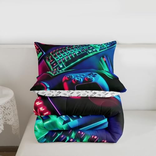 Feelyou Gamer Comforter Set All Season Gaming Bedding Set with 2 Pillow Cases Game Room Decor Microfiber Kids King Bedclothes Gamepad Bedroom Decor Green Duvet Quilt Breathable Soft Lightweight