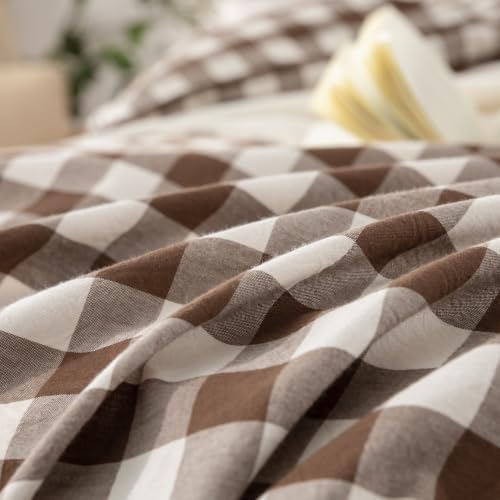 BESTOUCH Gingham Cotton Duvet Cover Set Cocoa Brown Queen