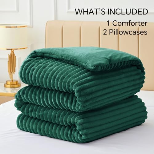 BEDELITE Fleece King Comforter Set, Fluffy Bed Set, Dark Green