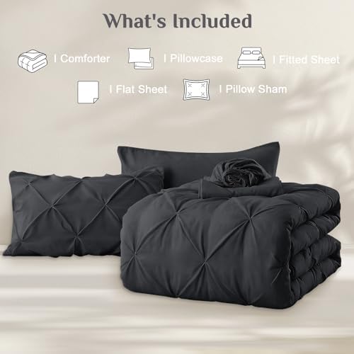JOLLYVOGUE Twin Comforter Set 5 Pieces - Bed in a Bag Twin for All Season, Pintuck Bedding Comforter Sets with Comforter, Flat Sheet, Fitted Sheet and Pillowcases & Shams, Dark Grey