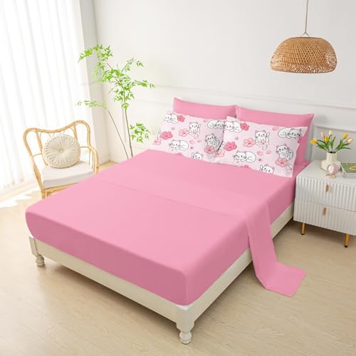 QOOMO Pink Cat 7 Pieces Comforter Set Twin,Sakura Cat Bedding Set for Kids