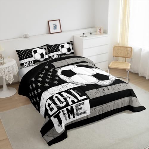 Boys Football Comforter Set Queen, American Flag Duvet Sets Soccer Sports Games Down Comforter for Kids Teens Adult Bedroom, United States Stars Stripe Bedding Set with 2 Pillowcases, Black White