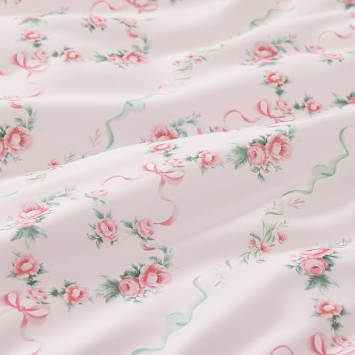 Andency Pink Bow Ruffle Comforter Queen, 3 Pieces Floral Bedding