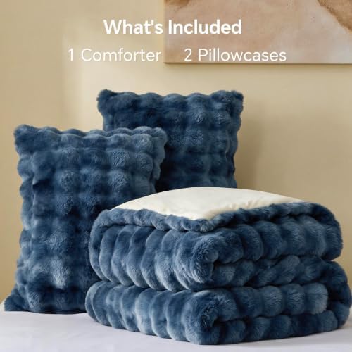BEDELITE Tie Dye Faux Fur Comforter Set King,Thick Winter Comforter,Navy