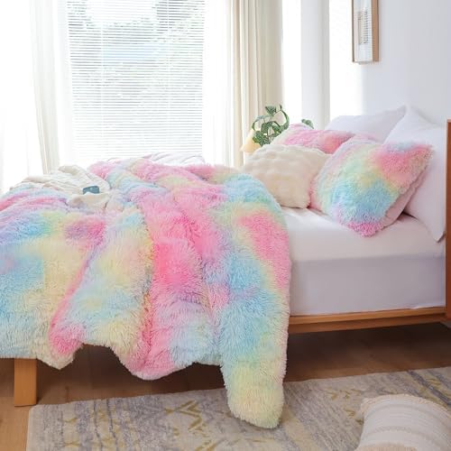 Smoofy Fluffy Twin Comforter Set, Rainbow Faux Fur Comforter Set 2 Pieces
