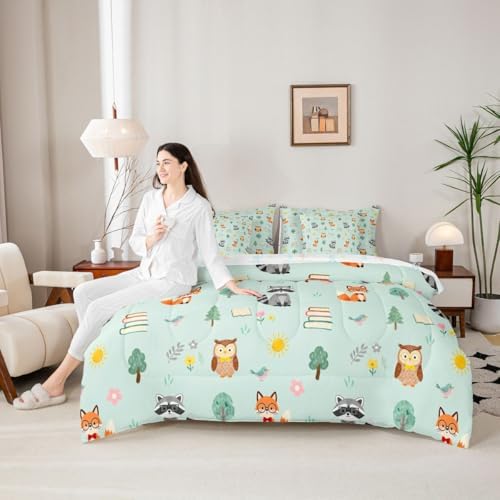Feelyou Cute Fox Owl 7 Piece Bedding Set Zoo Animal Comforter Set with Sheets for Kids Boys Girls Cute Flower Bed in a Bag Green Orange Bed Set Soft Lightweight