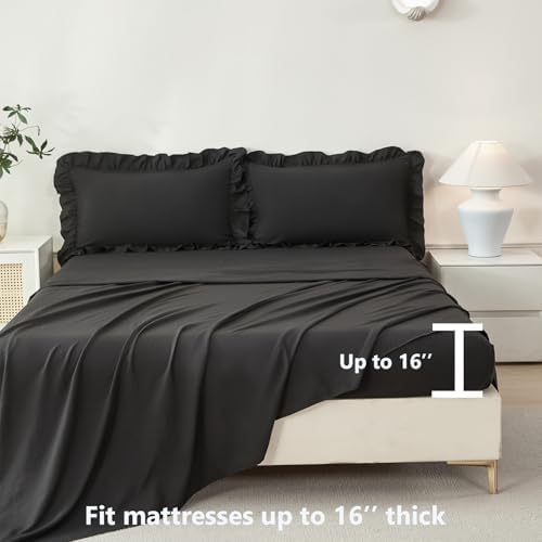 ANGIYUIN 5Pcs Black Full Size Ruffled Bed in Bag Farmhouse Shabby Comforter Set Solid Elegance Bedding Comforter Set with Sheets Soft Lightweight Bed Set for Women Men(Black Full)