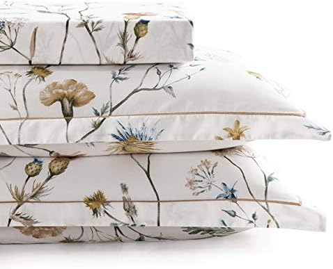 SLEEPBELLA Comforter Twin Size, 600 Thread Count Cotton White Printed with Blue & Blush Flowers Cotton Comforter Set,Down Alternative Bedding Set 2Pcs(Twin, White Floral)