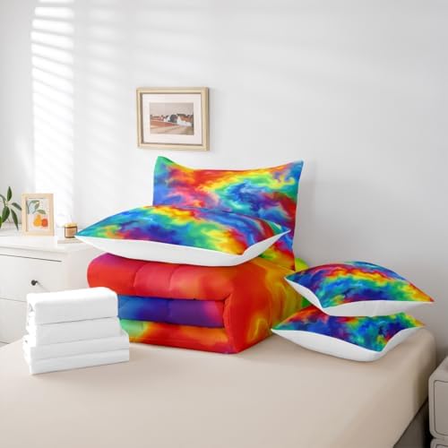 Erosebridal Tie Dye 7 Piece Bedding Set Twin Rainbow Comforter Set with Sheets Pastels Bed in A Bag Kids Girls Women Colorful Bed Sets with 2 Pillowcases, 2 Throw Pillow Covers