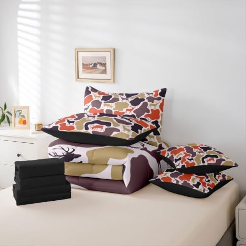 Erosebridal Camouflage Hunting Bed in A Bag 7 Pcs Hunter Deer Camo Comforter Set for Women Men Rustic Farmhouse Cabin Bedding Sets King Vintage Country Animal Sheet Set with Comforter
